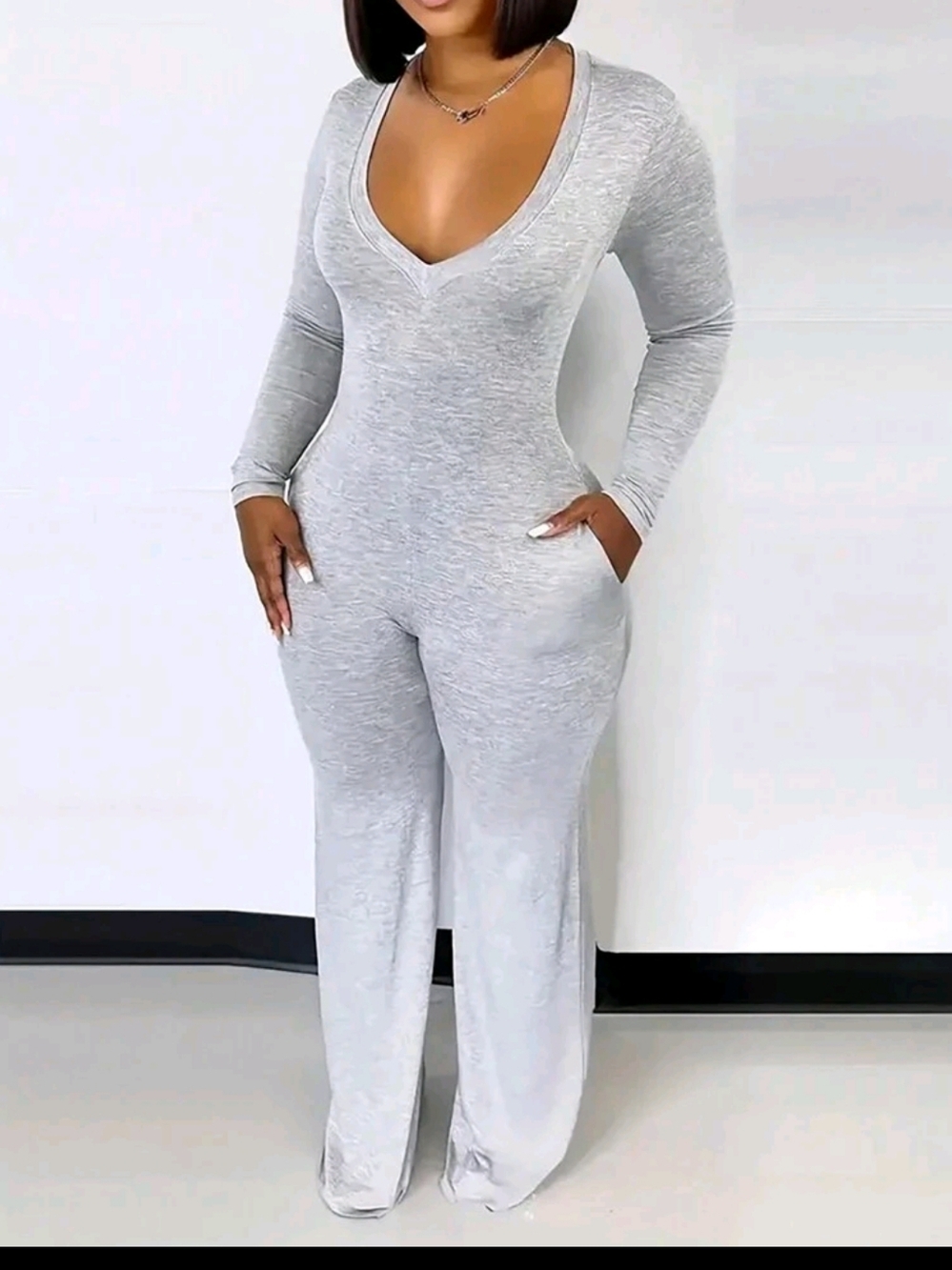SHEIN Light Gray Ribbed Long-Sleeve V-Neck Jumpsuit NWOT